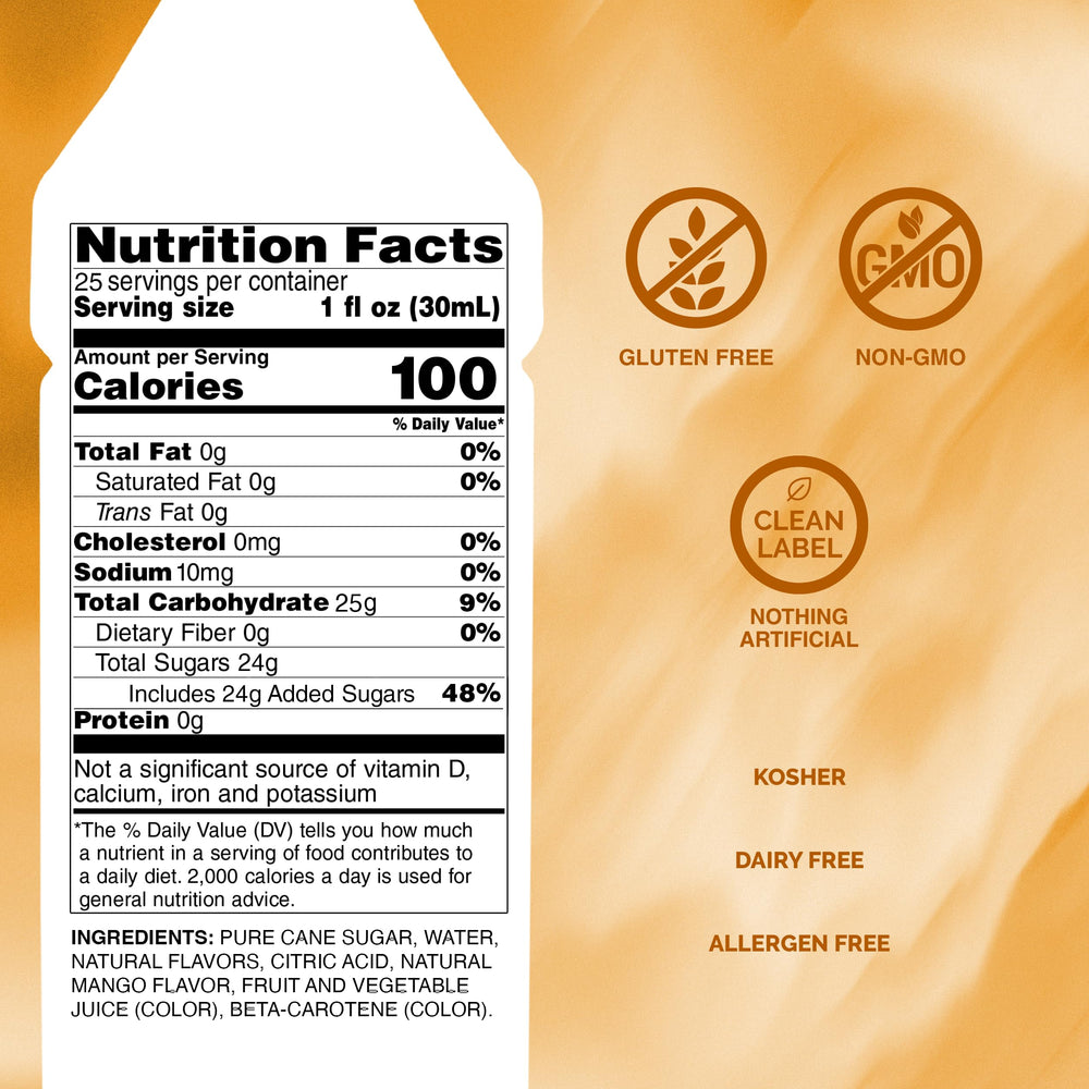 Primer plano textura del jarabe Monin mango para mezcla homogénea