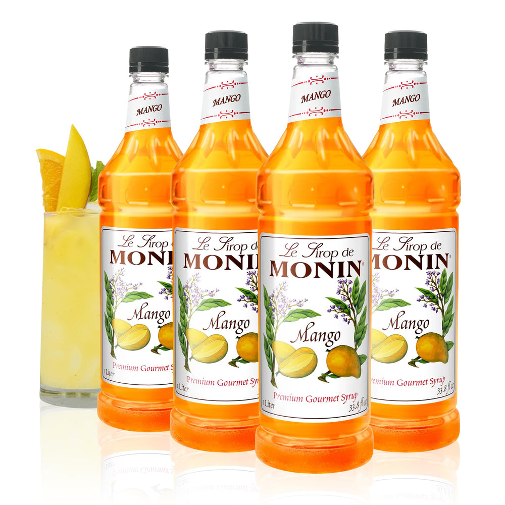 Monin botella frontal paquete de 4 mostrando etiqueta y tamaño profesional