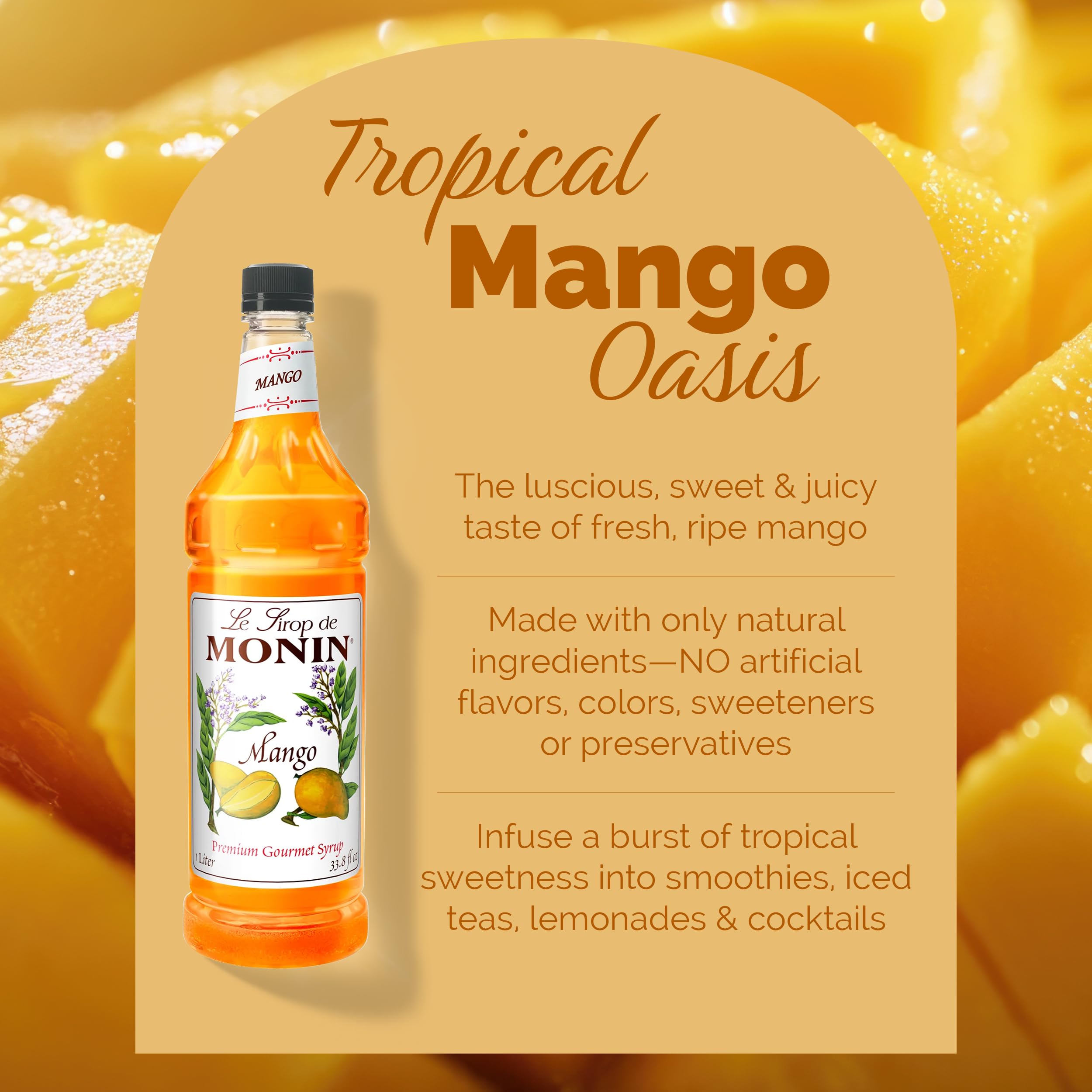 Monin jarabe de mango vertiéndose en cóctel tropical para sabor consistente