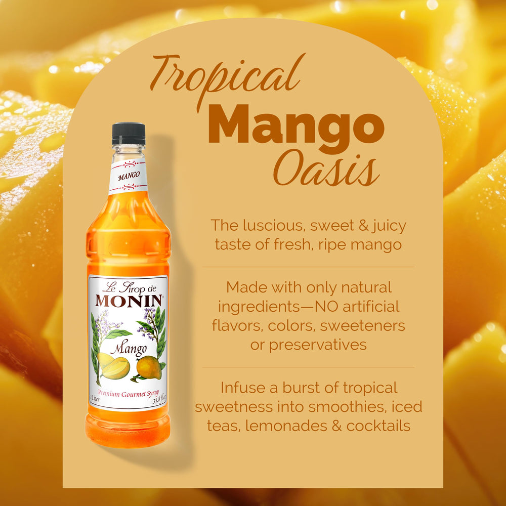 Monin jarabe de mango vertiéndose en cóctel tropical para sabor consistente