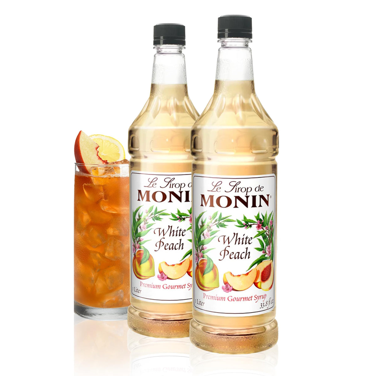 Monin melocotón blanco frasco frontal mostrando presentación y uso profesional