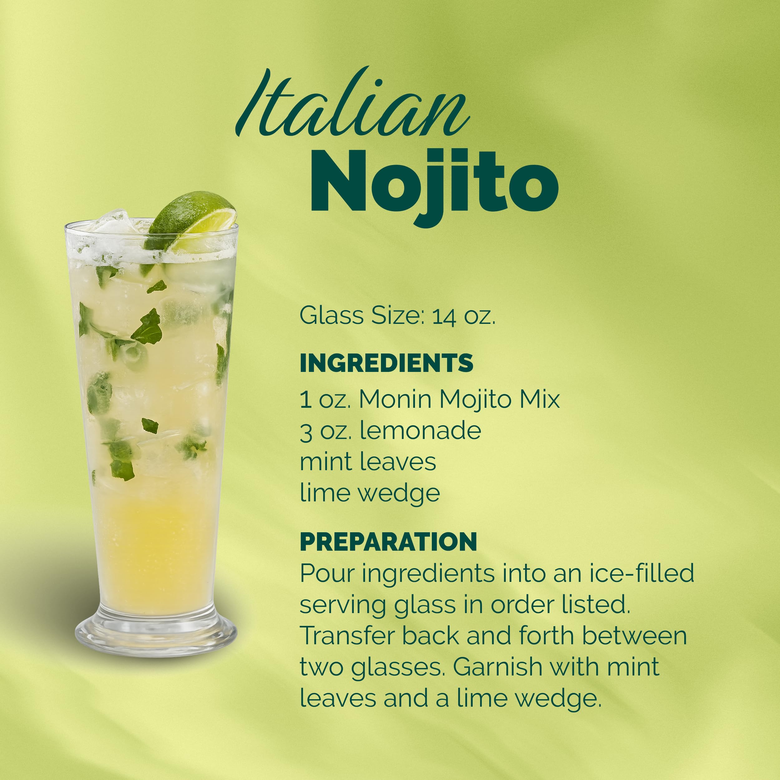 Monin mojito mix etiqueta con certificaciones y beneficios de ingredientes