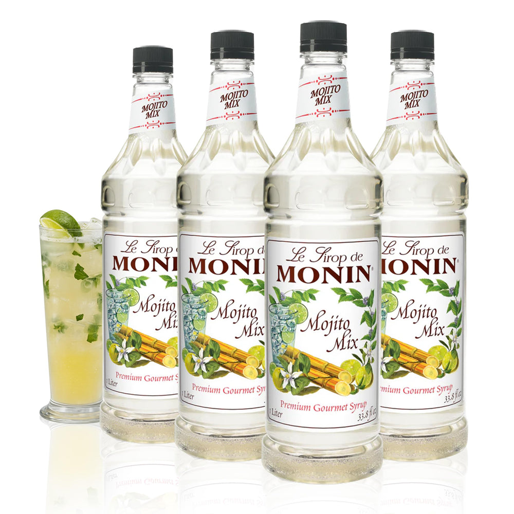 Monin mojito mix vista frontal del pack con botella grande y uso profesional