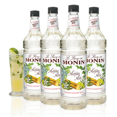 Monin mojito mix vista frontal del pack con botella grande y uso profesional