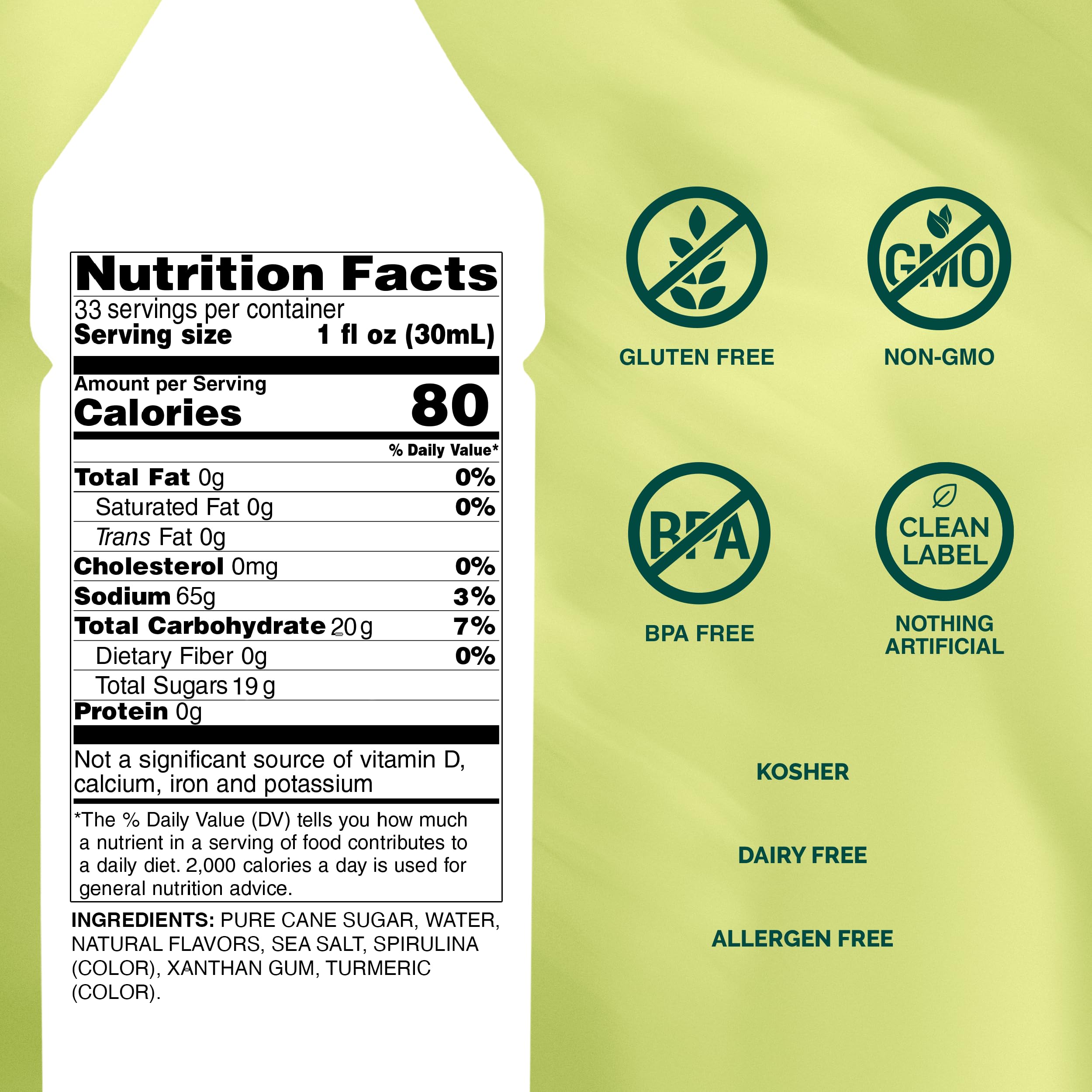 Monin jarabe de pistacho etiqueta clara con ingredientes y datos útiles