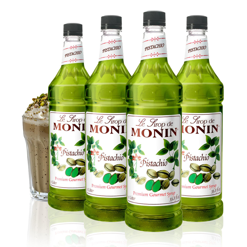 Monin jarabe de pistacho pack frontal mostrando 4 botellas, almacenamiento eficiente