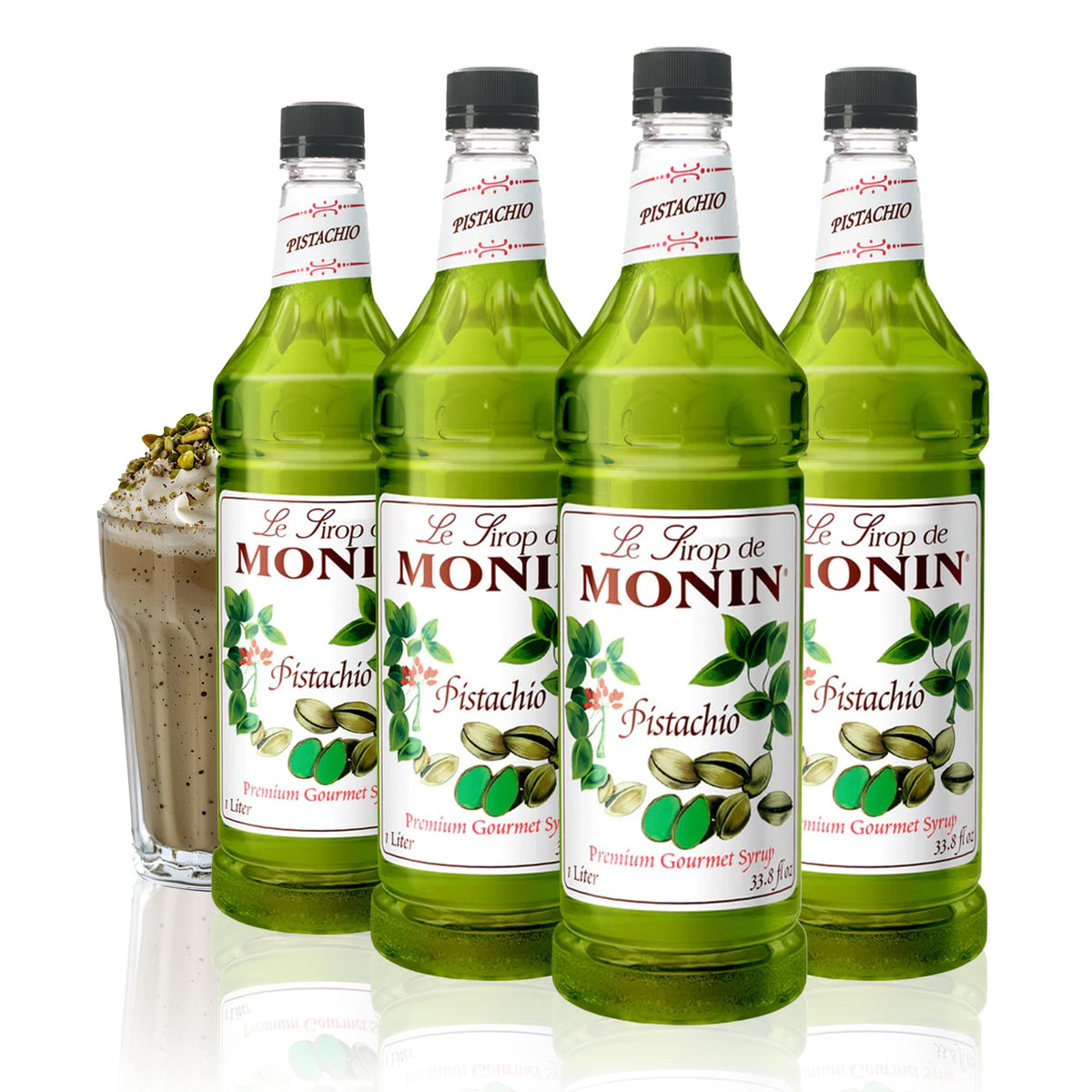 Monin jarabe de pistacho pack frontal mostrando 4 botellas, almacenamiento eficiente