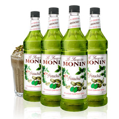 Monin jarabe de pistacho pack frontal mostrando 4 botellas, almacenamiento eficiente