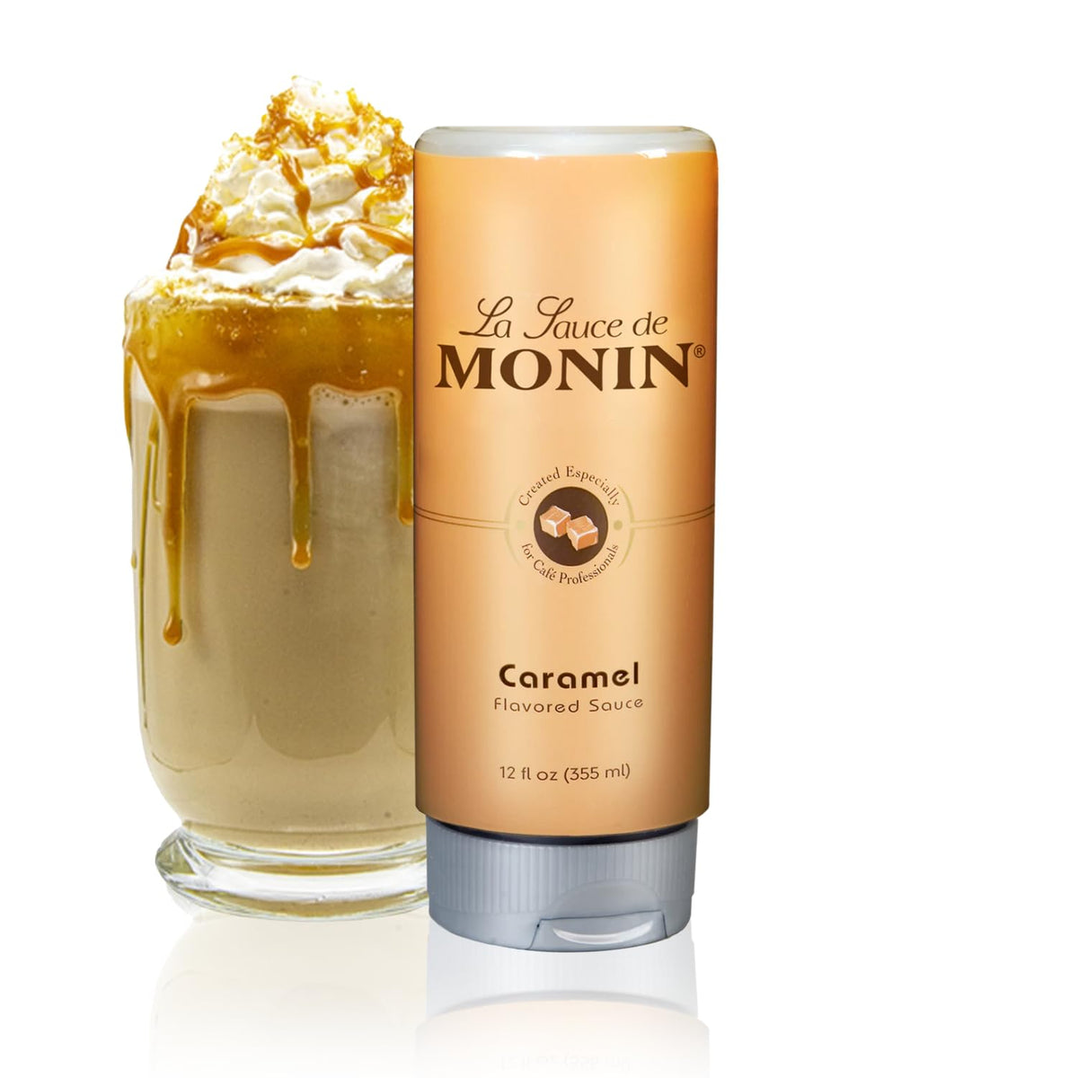 Monin salsa caramelo frontal botella reciclable muestra presentación y facilidad de uso
