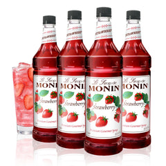 Monin botella de fresa frontal mostrando etiqueta clara y uso profesional
