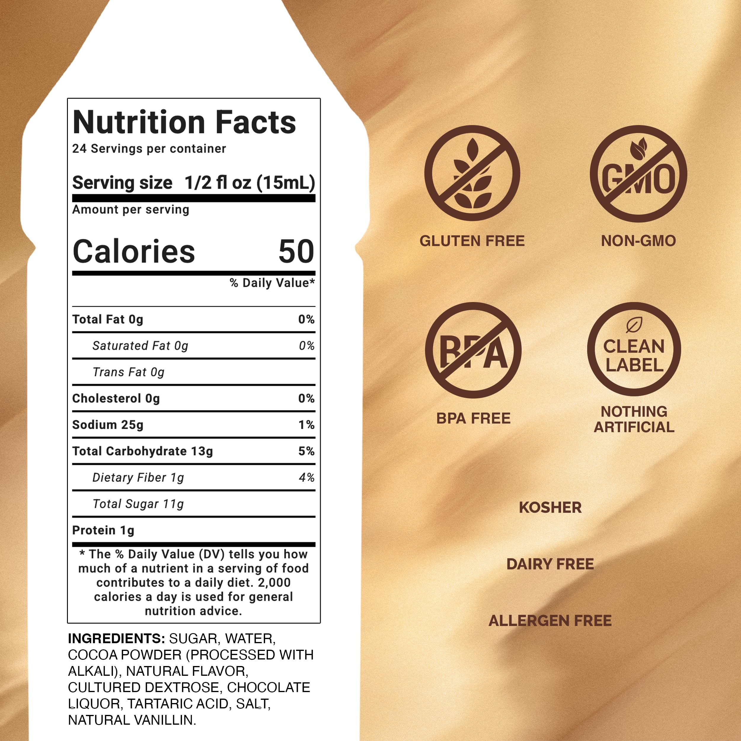 Monin textura cremosa de salsa de chocolate, muestra consistencia aterciopelada