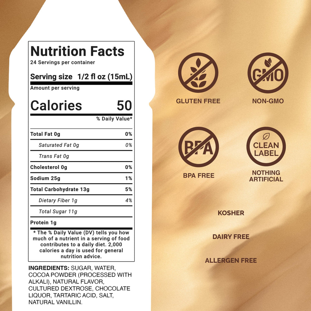 Monin textura cremosa de salsa de chocolate, muestra consistencia aterciopelada