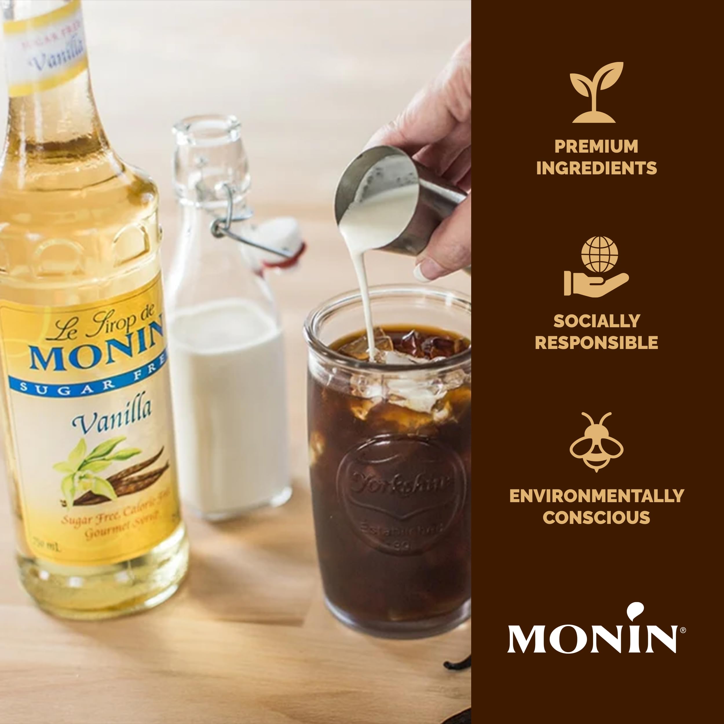 Taza de café con latte de vainilla Monin para sabor intenso y sin calorías