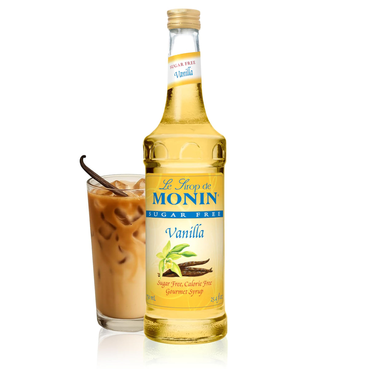 Monin botella frontal de vainilla sin azúcar mostrando diseño y capacidad 750 ml, fácil dosificar