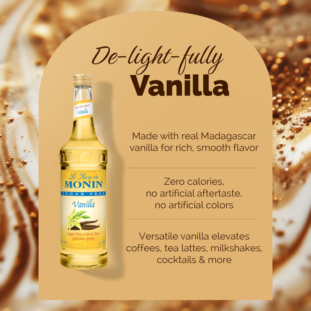 Monin jarabe de vainilla en cuchara mostrando textura lisa, mezcla homogénea en bebidas