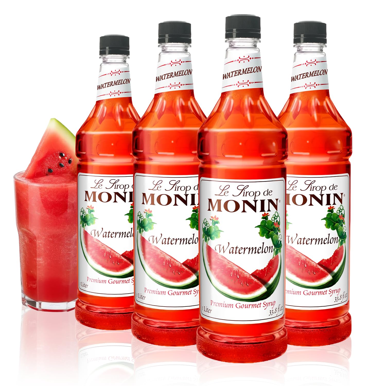 Monin botella frontal mostrando etiqueta y beneficio de sabor auténtico