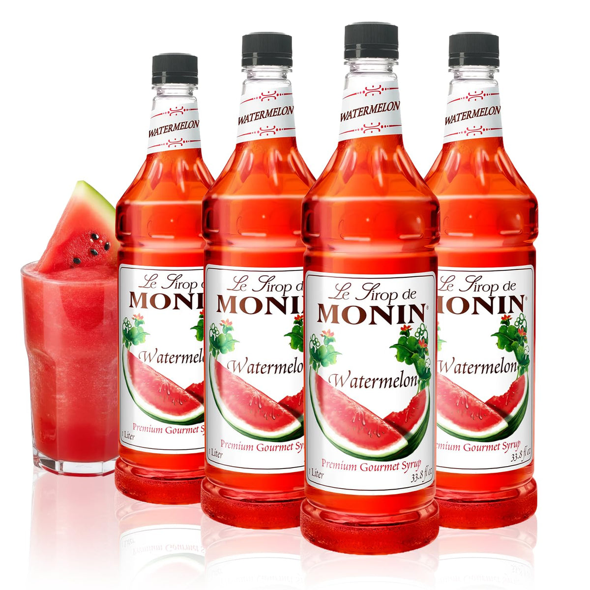 Monin botella frontal mostrando etiqueta y beneficio de sabor auténtico