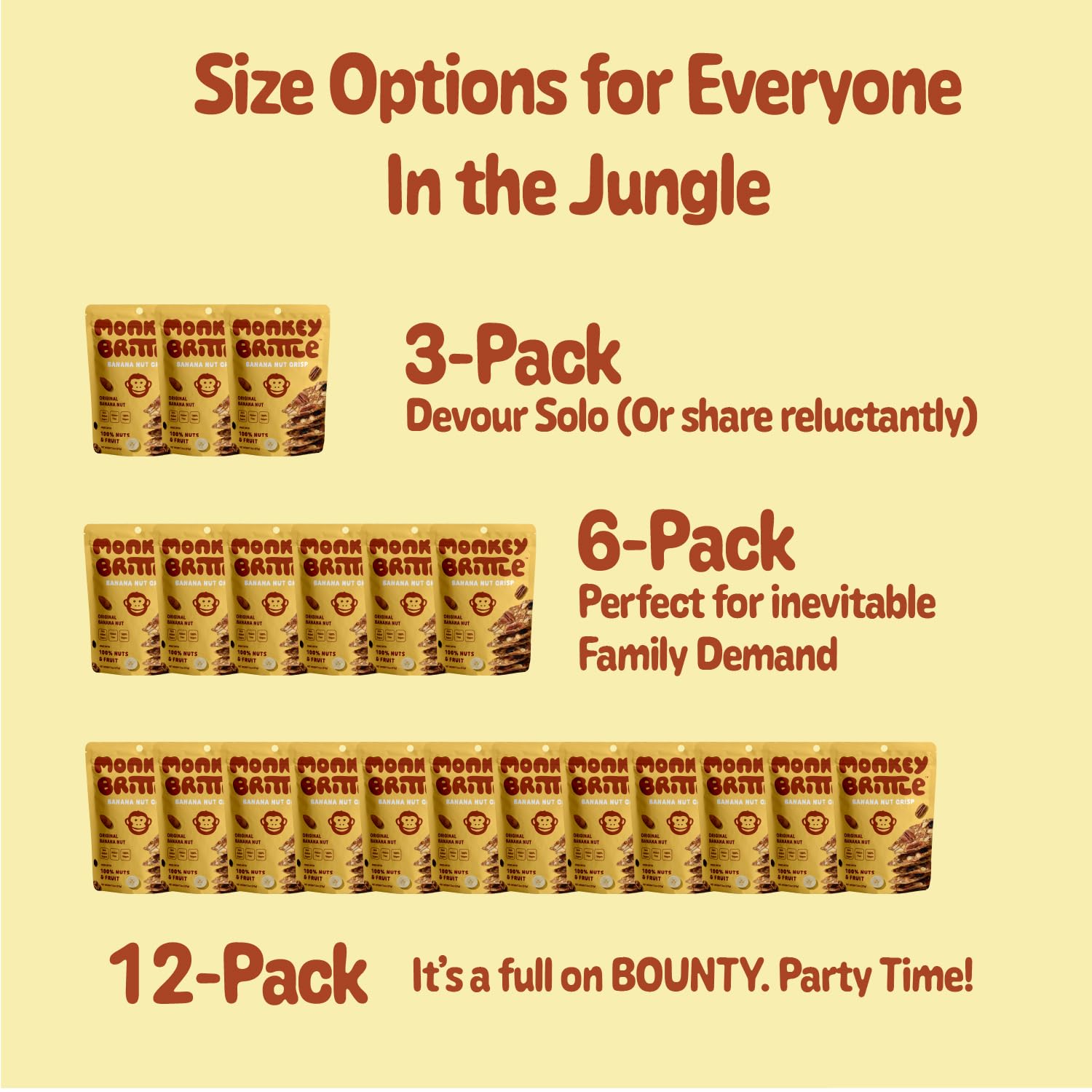 Monkey Brittle etiqueta de ingredientes orgánicos y beneficios claros en el paquete
