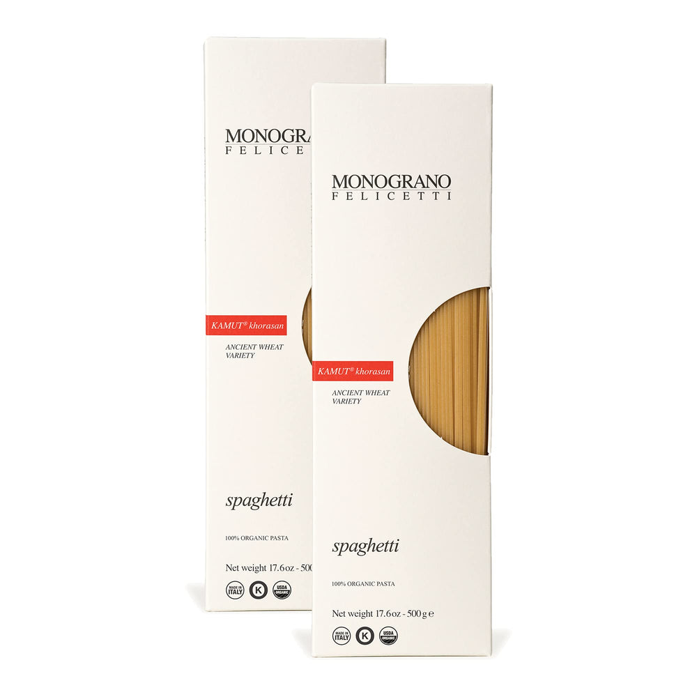 Monograno Felicetti frente del paquete de spaghetti KAMUT® mostrando marca y peso