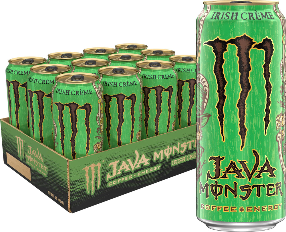 Monster Java Irish Crème lata de frente mostrando diseño y beneficio energizante