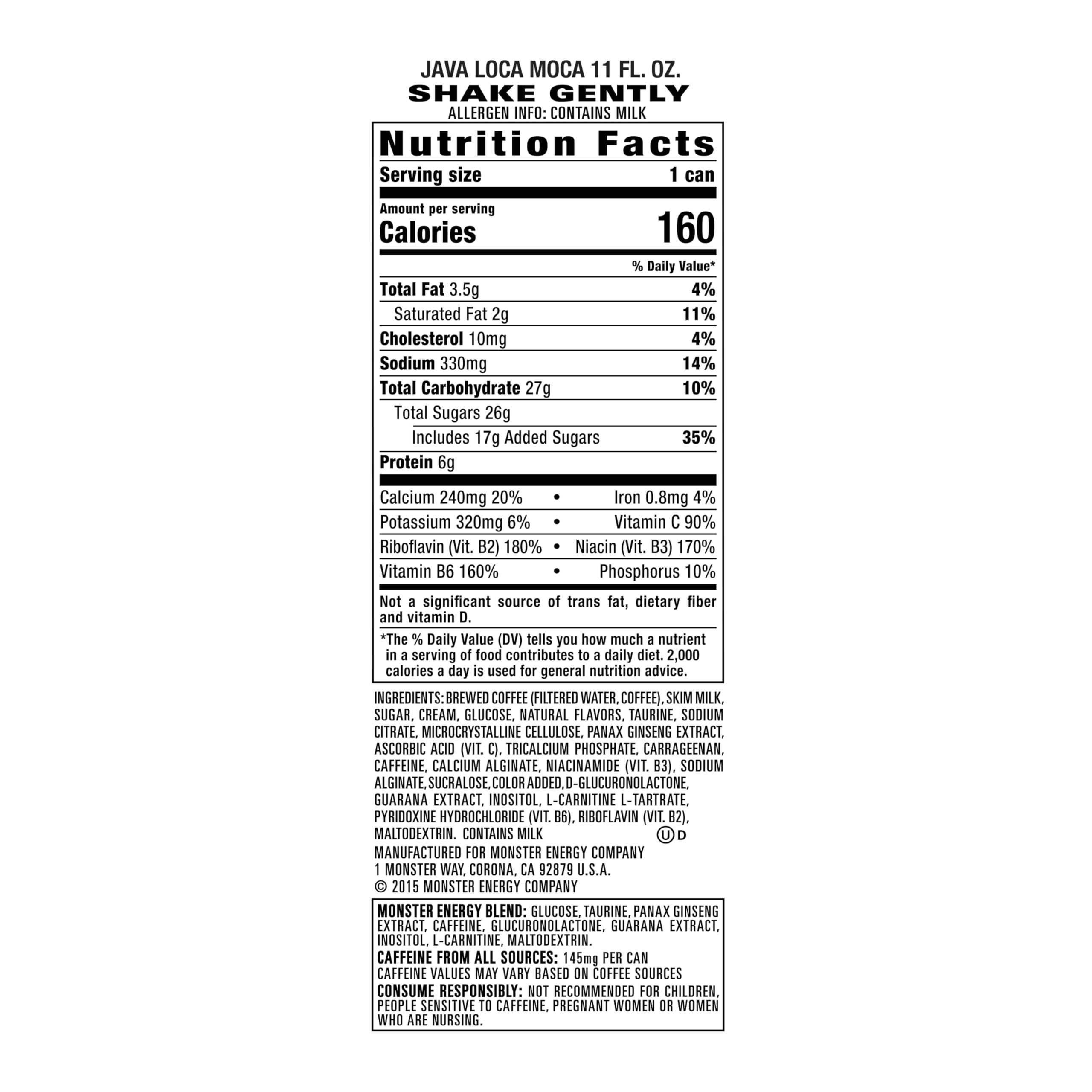 Monster Java Monster Loca Moca detalle de ingredientes en la etiqueta, información nutritiva