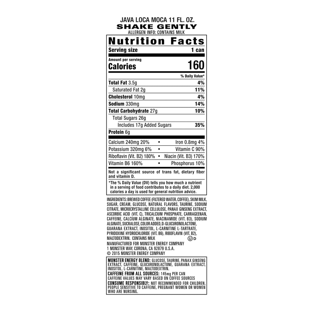 Monster Java Monster Loca Moca detalle de ingredientes en la etiqueta, información nutritiva