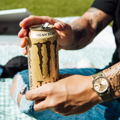 Monster Java Mean Bean etiqueta nutricional con calorías y avisos