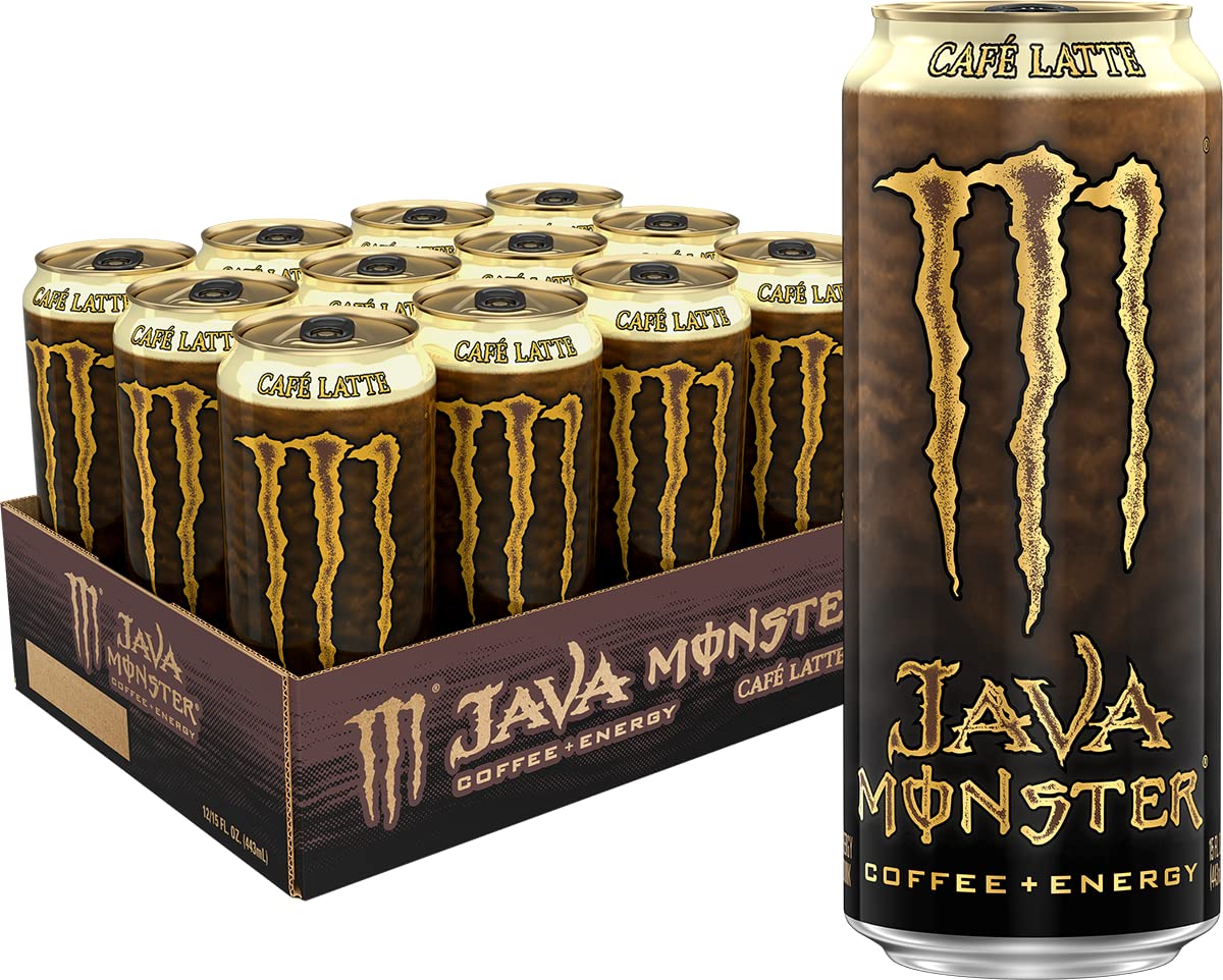 Monster Java Monster Café Latte lata frontal mostrando diseño y tamaño conveniente