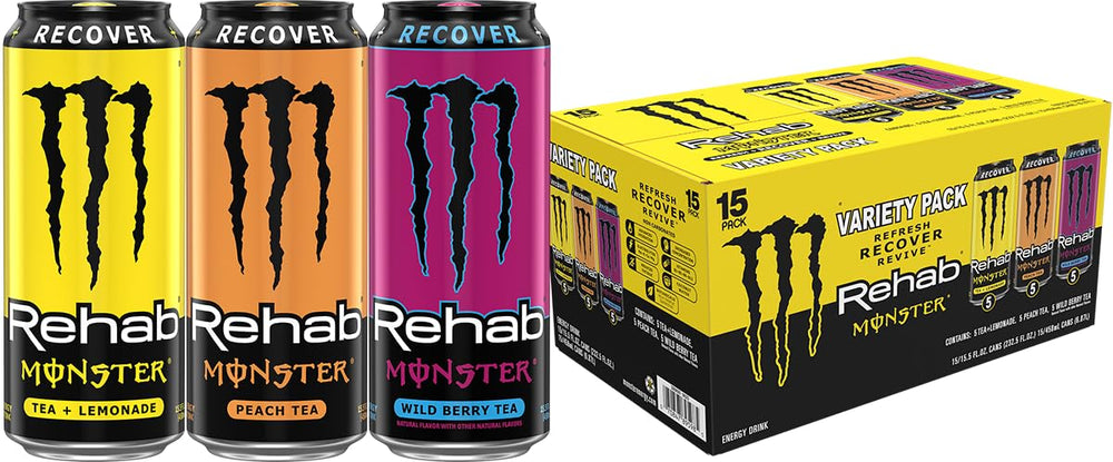 Monster Rehab pack frontal mostrando las tres variantes y beneficio de hidratación