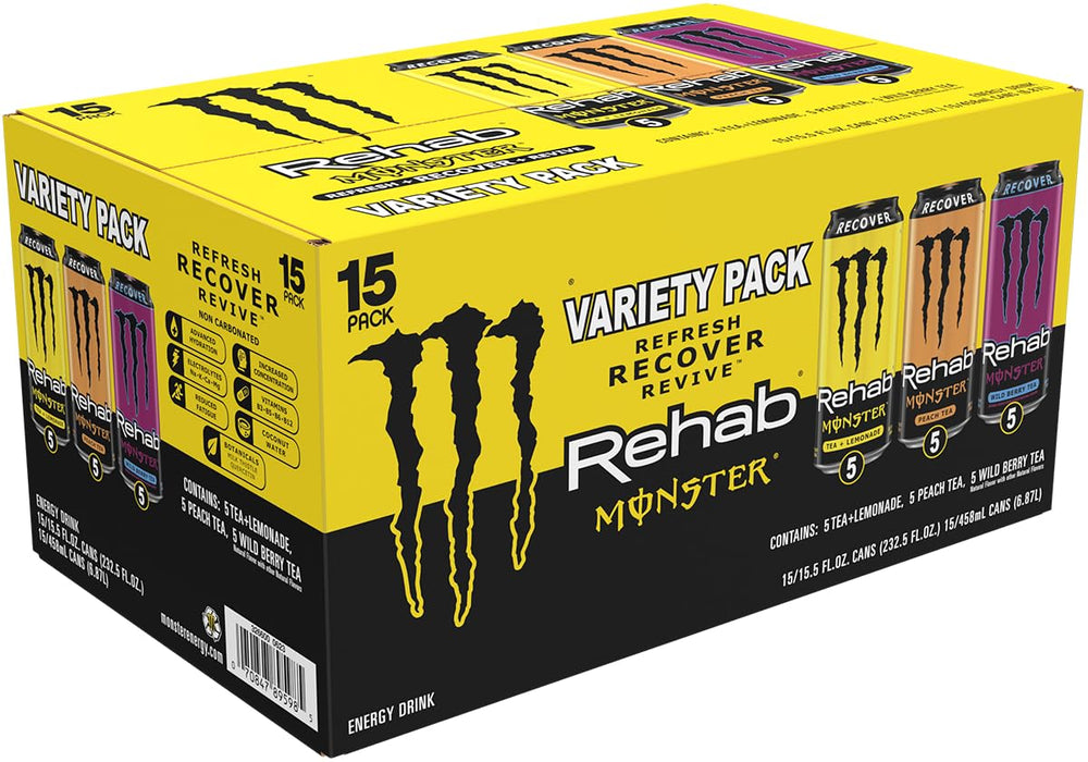 Monster Rehab lata servida con hielo para refrescar y recuperar energía