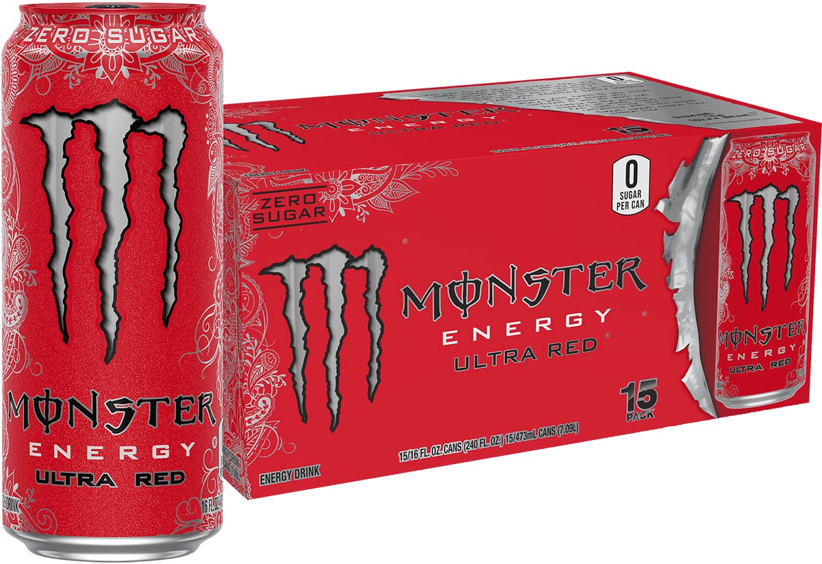 Monster Ultra Red pack de 15 latas mostrando el frente y beneficios refrescantes