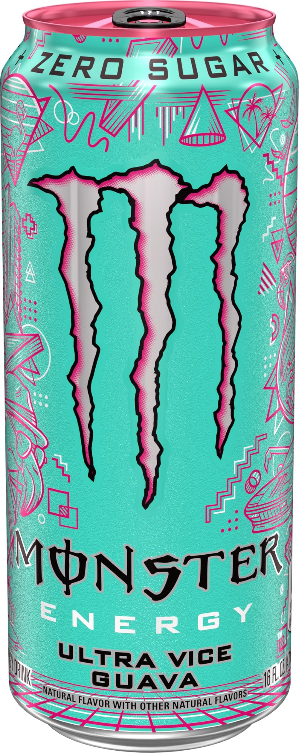Monster Ultra Vice Guava lata en mano para comparar tamaño y portabilidad