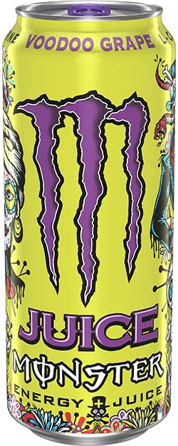 Monster Voodoo Grape lata en mano para mostrar tamaño práctico