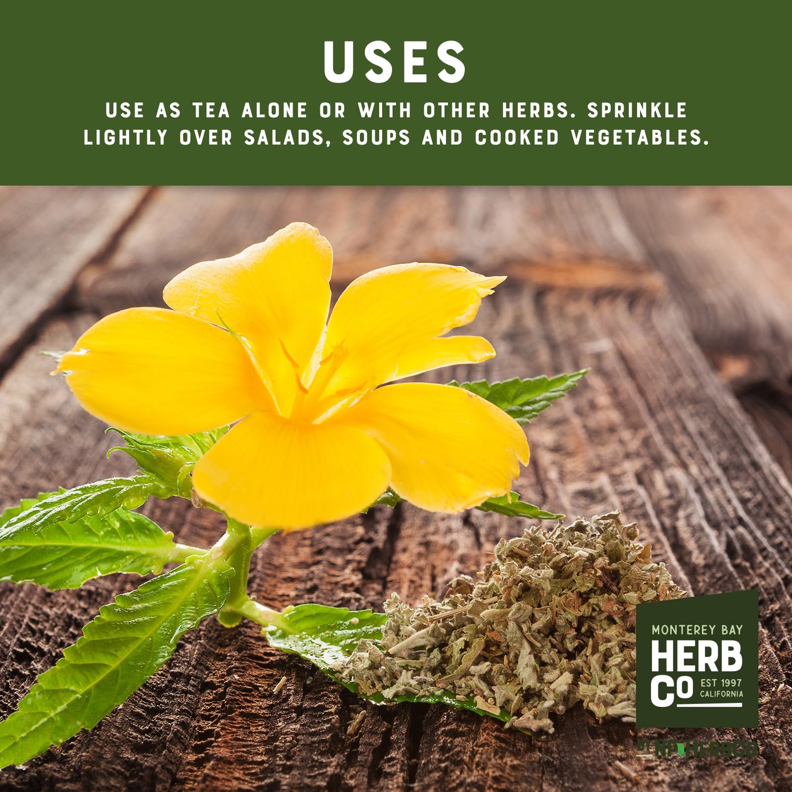 MONTEREY BAY HERB CO damiana espolvoreada en ensalada aporta sabor herbal