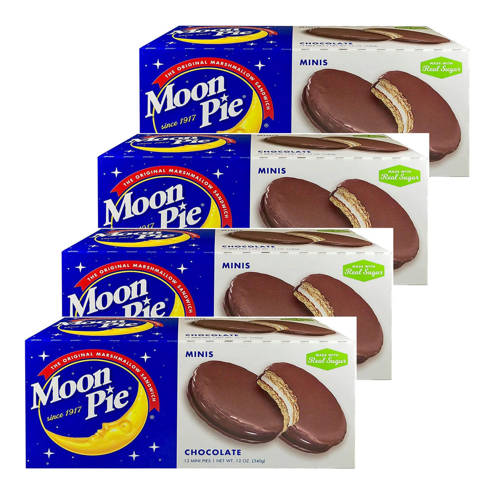 MoonPie empaque frontal mostrando 4 cajas y 48 mini sándwiches, conveniencia MoonPie