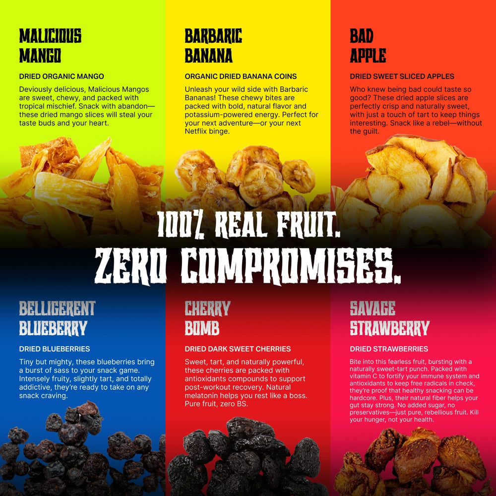 Mortal Munchies selección de frutas extendidas que destaca variedad y colores