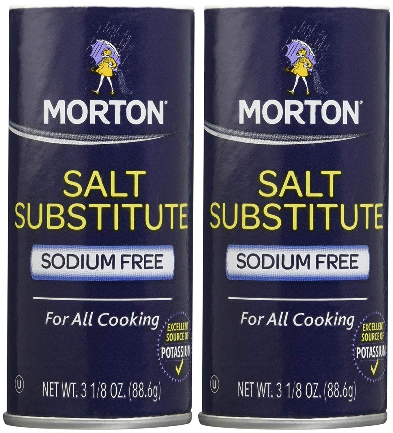 Morton frasco frontal del sustituto de sal mostrando dosificador y conveniencia