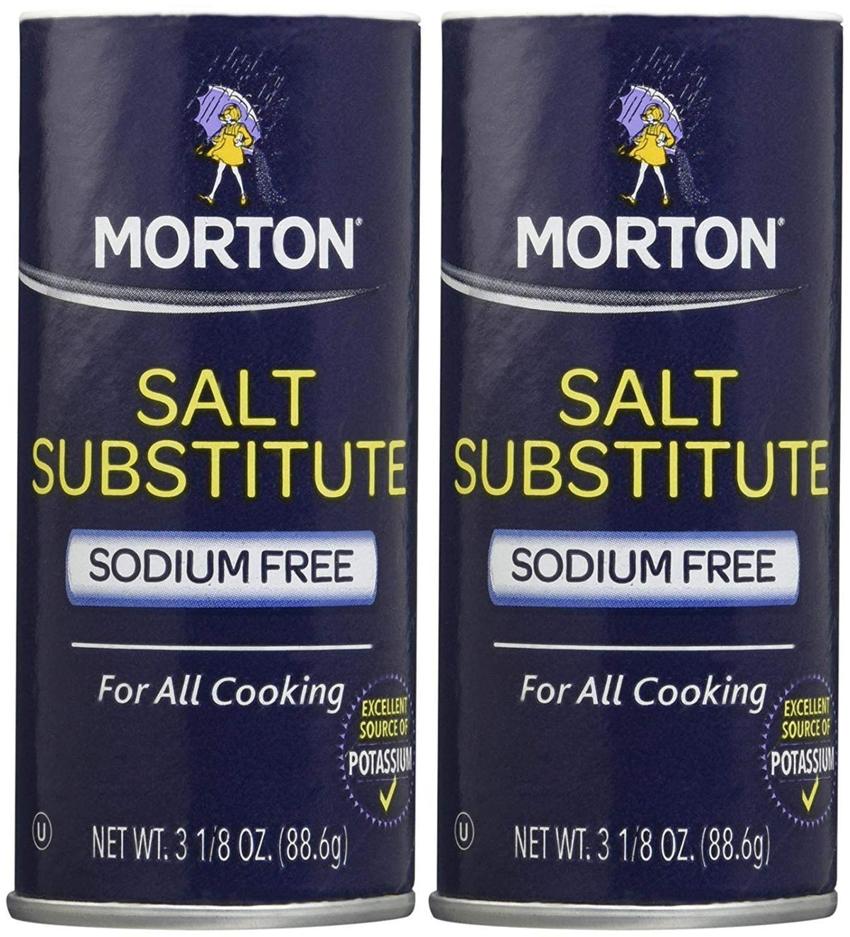 Morton frasco frontal del sustituto de sal mostrando dosificador y conveniencia