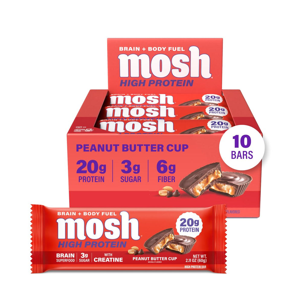 MOSH empaque frontal de Peanut Butter Cup mostrando 10 barras y beneficios