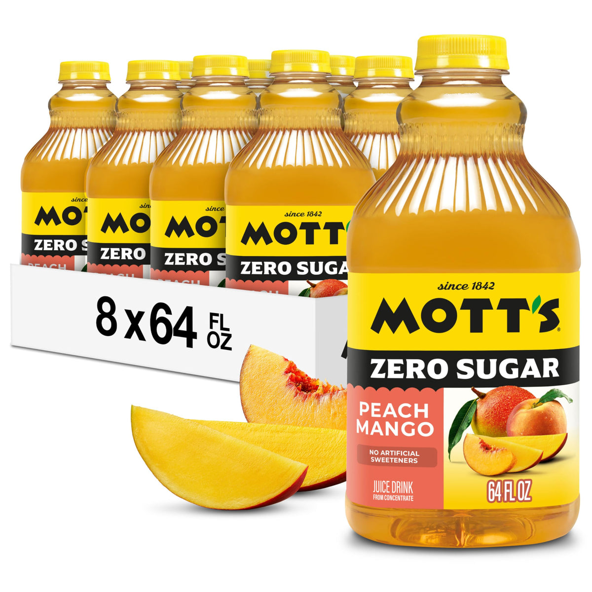 Mott's botella frontal mostrando tamaño y diseño de 64 fl oz, ideal para familias
