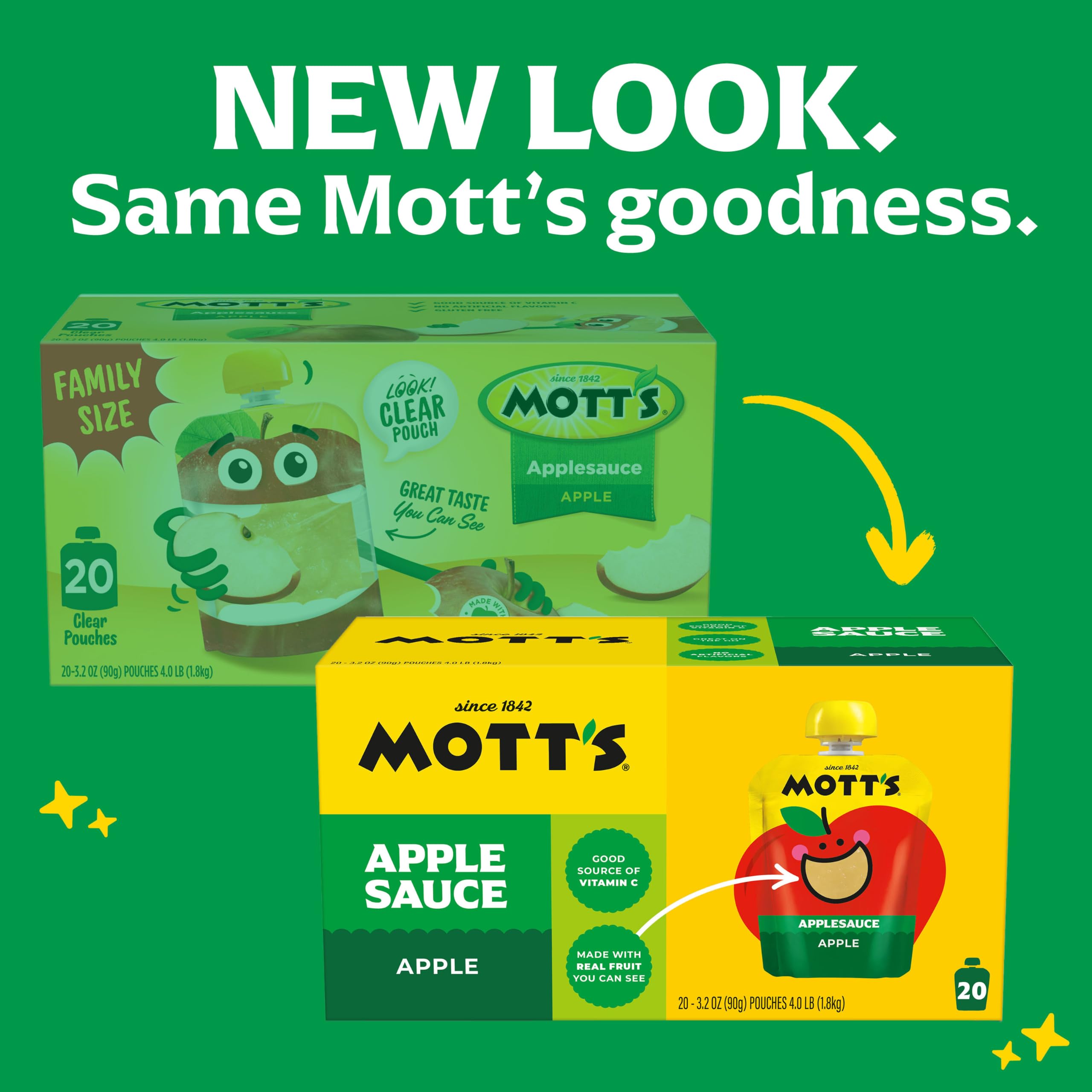 Mott's pouch en mano que demuestra fácil apertura y portabilidad