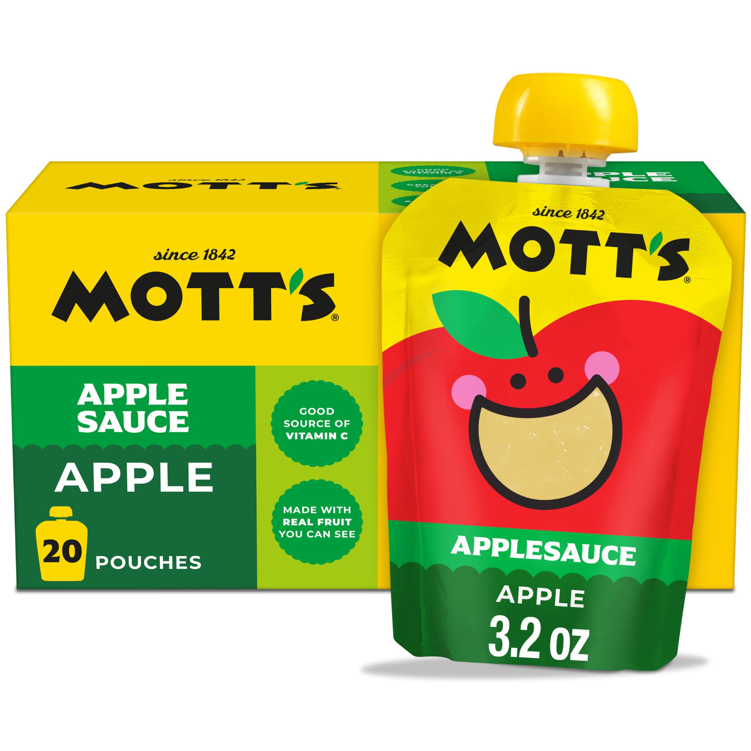 Mott's pouch frontal mostrando envase transparente y manzana real
