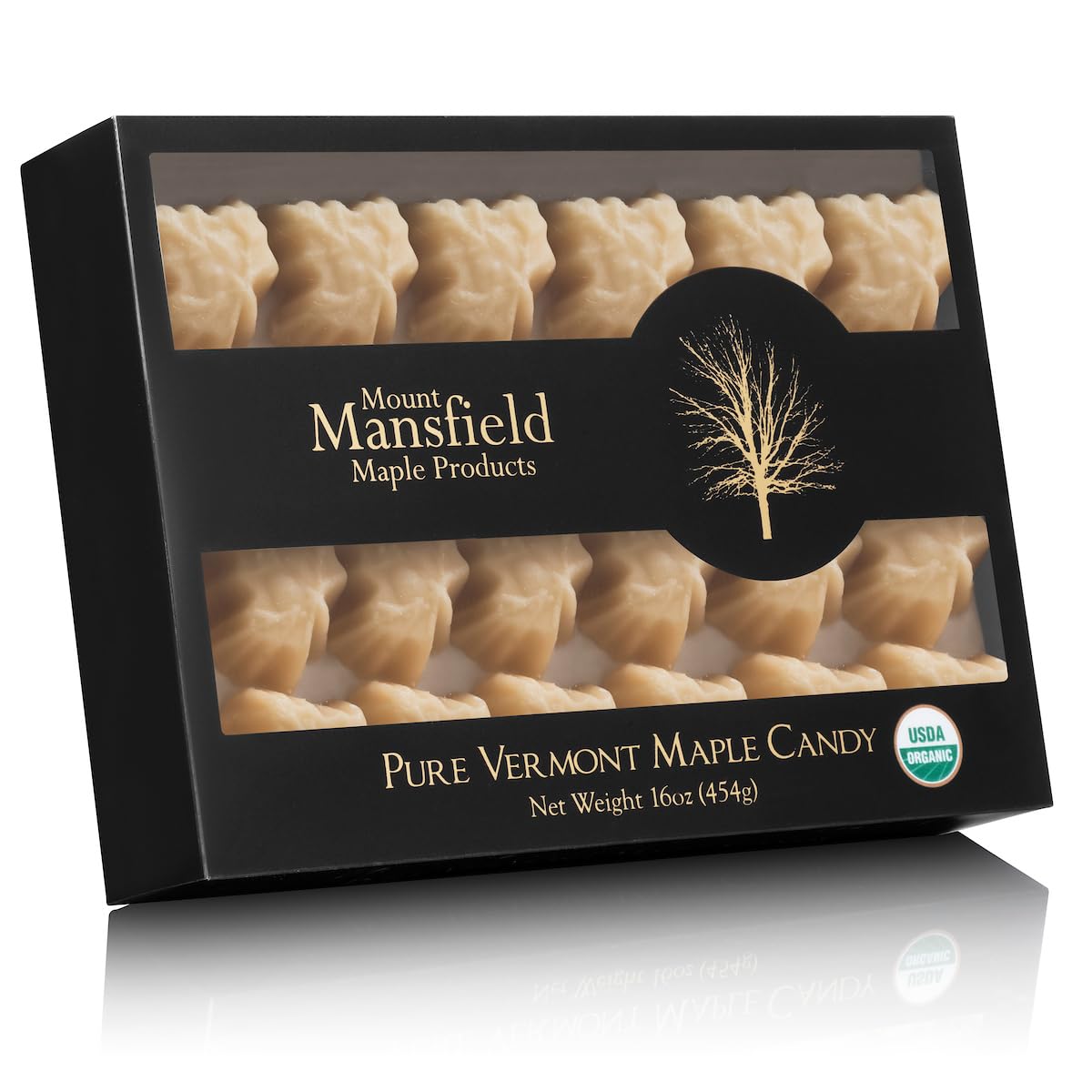 Mount Mansfield Maple vista frontal de la caja mostrando las hojas y el embalaje, calidad artesanal