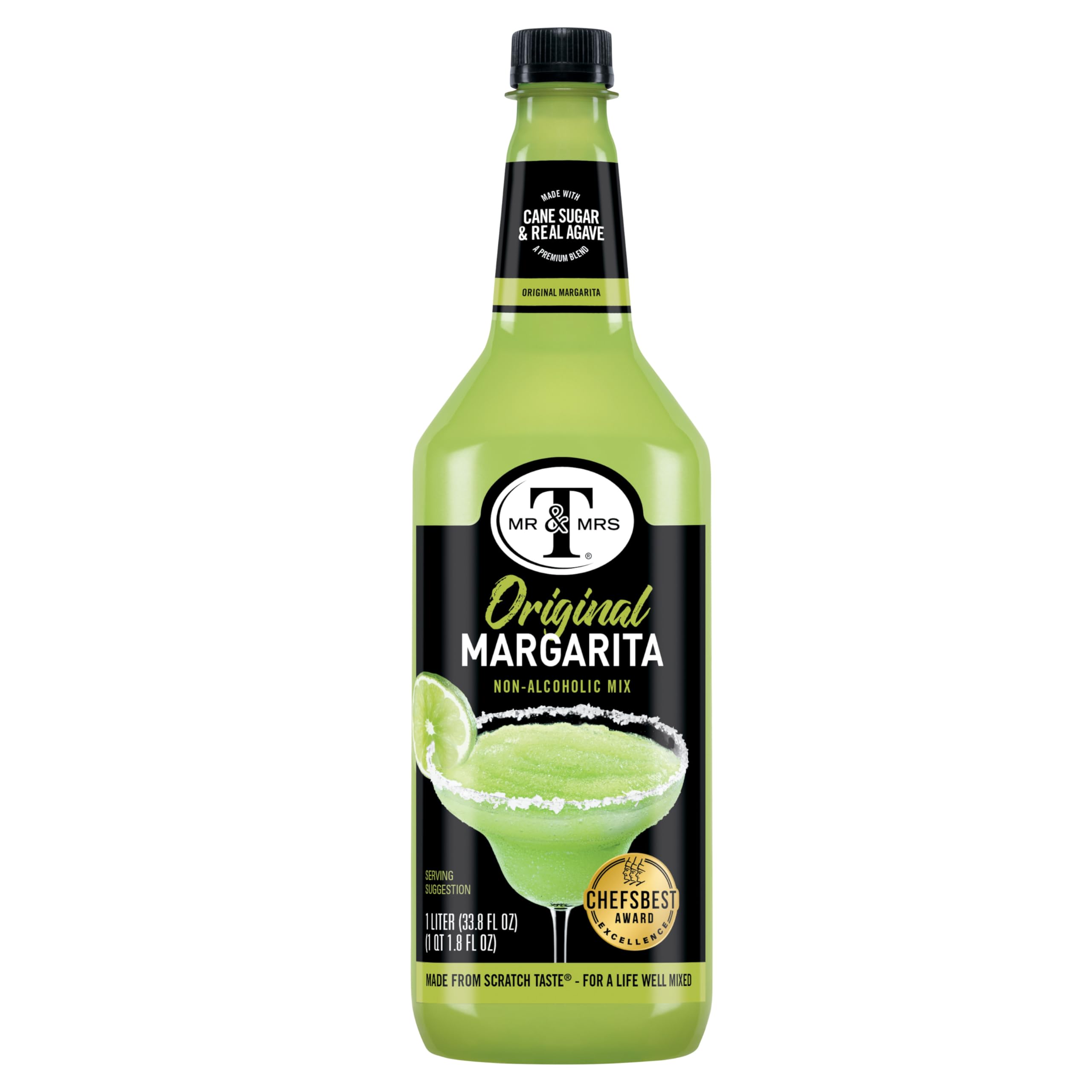 Mr & Mrs T botella junto a mano mostrando escala y tamaño práctico