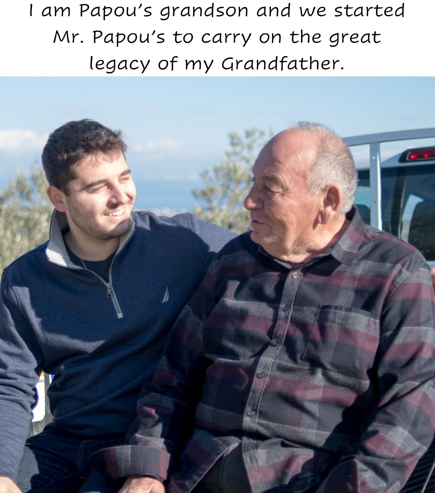 Mr. Papou's etiqueta con indicación de origen griego y primera prensa