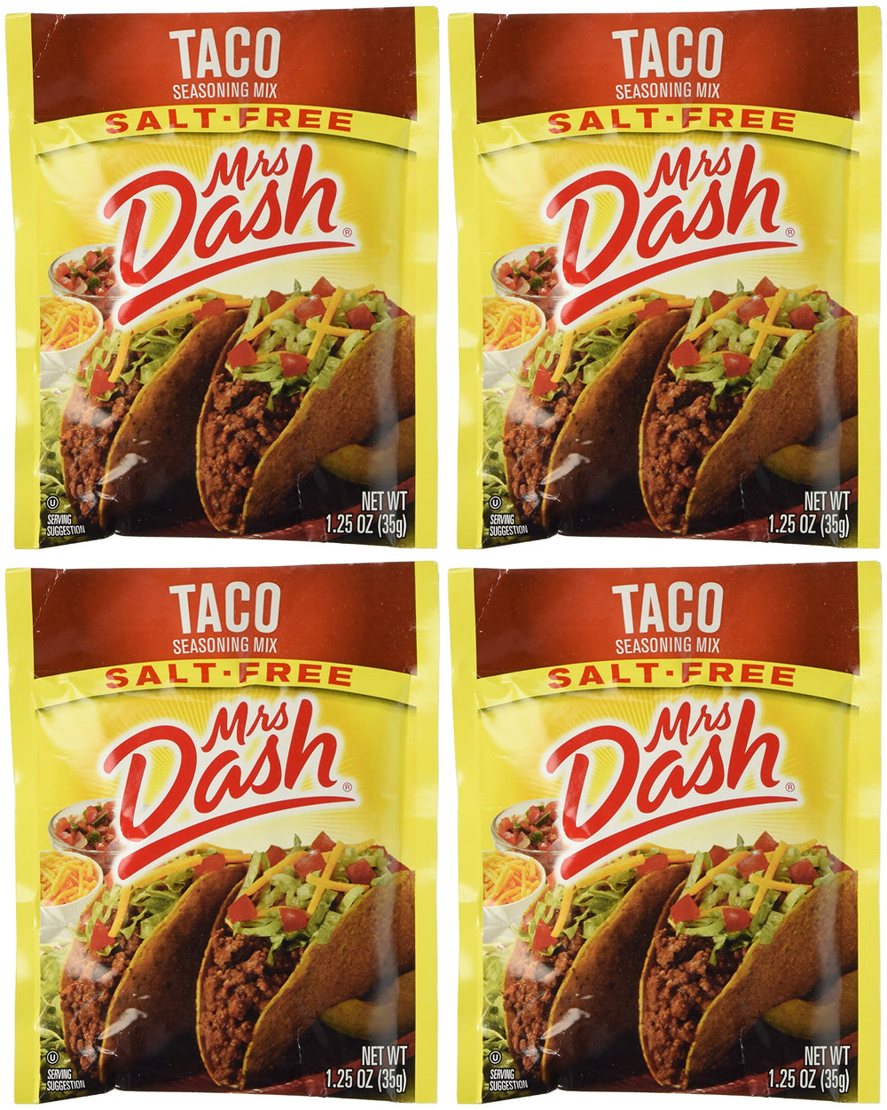 Mrs. Dash empaque frontal mostrando sobres y beneficio práctico