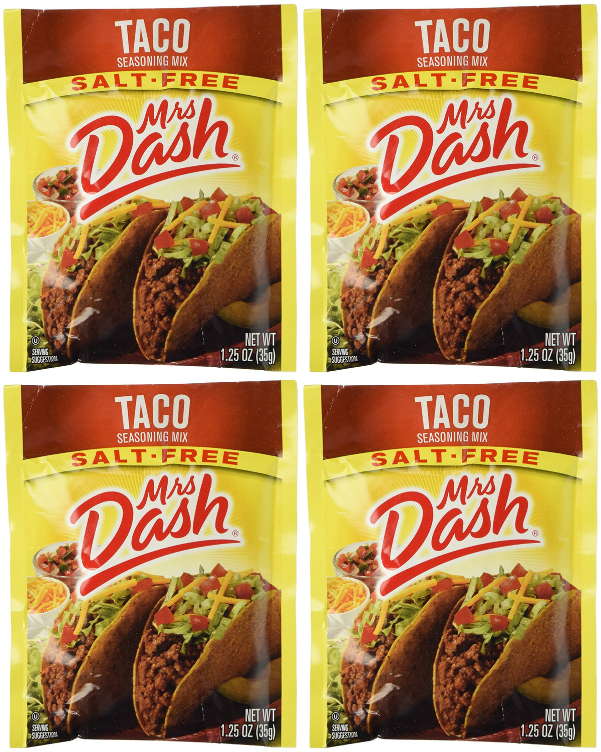 Mrs. Dash empaque frontal mostrando sobres y beneficio práctico