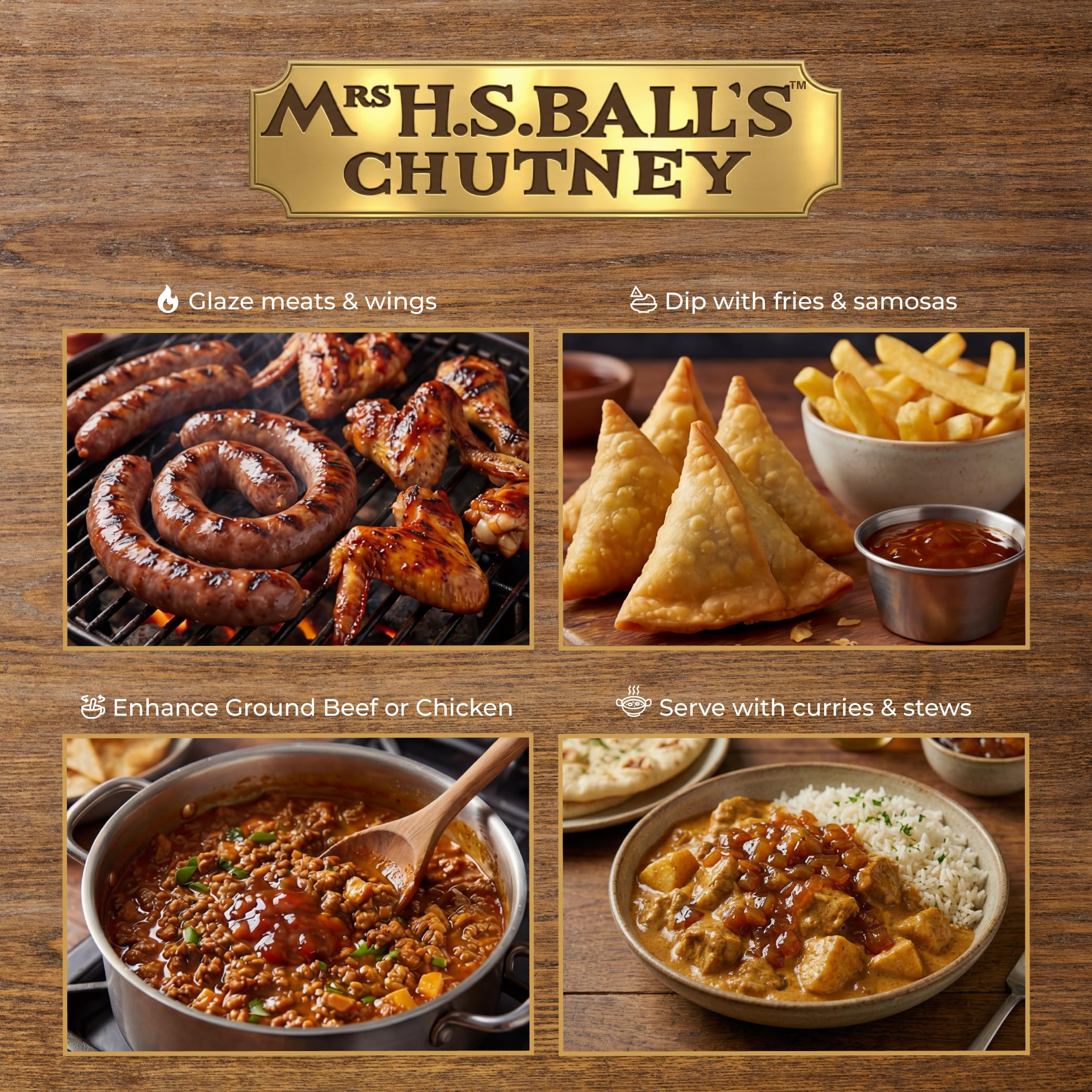 Mrs H.S. Ball's chutney junto a curry listo para acompañar platos