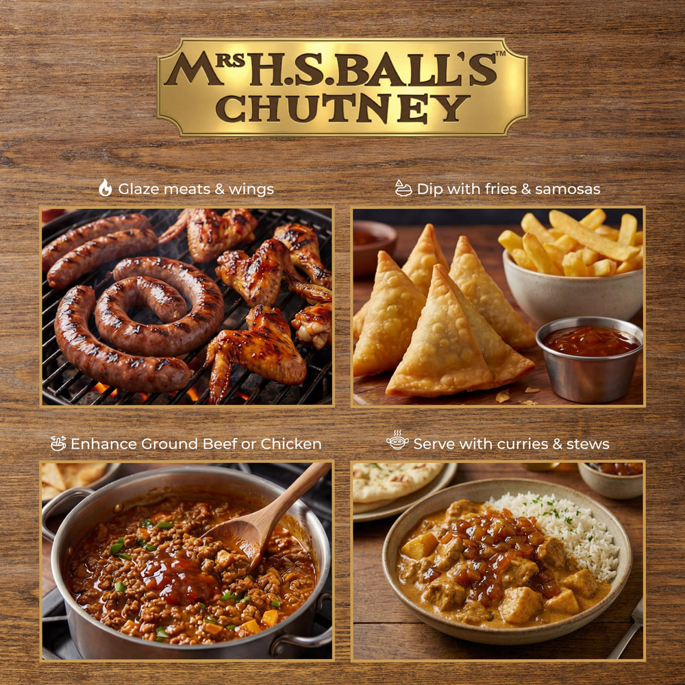 Mrs H.S. Ball's chutney junto a curry listo para acompañar platos