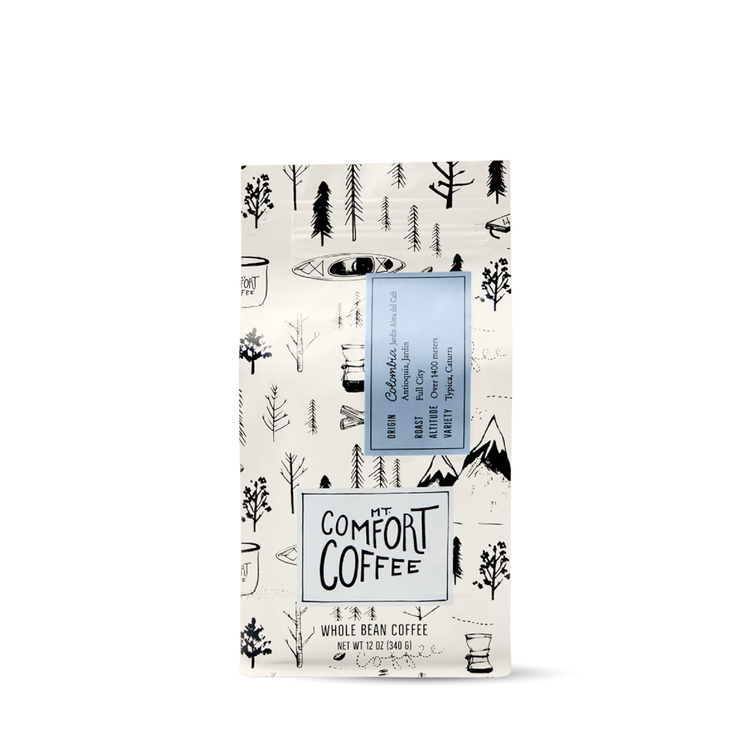 Mt. Comfort Coffee bolsa frontal mostrando marca y tueste full city, fácil identificación
